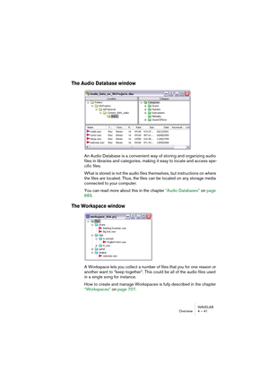 Page 41WAVELAB
Overview 4 – 41
The Audio Database window
An Audio Database is a convenient way of storing and organizing audio 
files in libraries and categories, making it easy to locate and 
access spe-
cific files.
What is stored is not the audio files themselves, but instructions on where 
the files are located. Thus, the files can be located on any storage media 
connected to your computer.
You can read more about this in the chapter “Audio Databases” on page 
683.
The Workspace window
A Workspace lets you...