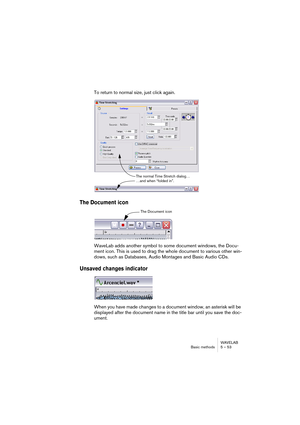 Page 53WAVELAB
Basic methods 5 – 53
To return to normal size, just click again.
The Document icon
WaveLab adds another symbol to some document windows, the Docu-
ment icon. This is used to drag the whole document to various other win-
dows, such as Databases, Audio Montages and Basic Audio CDs.
Unsaved changes indicator
When you have made changes to a document window, an asterisk will be 
displayed after the document name in the title bar until you save the doc-
ument.
The normal Time Stretch dialog…
…and when...