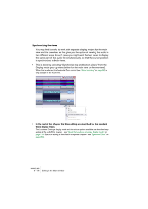 Page 78WAVELAB
6 – 78 Editing in the Wave window
Synchronizing the views
You may find it useful to work with separate display modes for the main 
view and the overview, as this gives you the option of viewing the audio in 
two different ways. In such cases you might want the two views to display 
the same part of the audio file simultaneously, so that the cursor position 
is synchronized in both views.
•This is done by selecting “Synchronize top and bottom views” from the 
Display mode pop-up menu (either for...