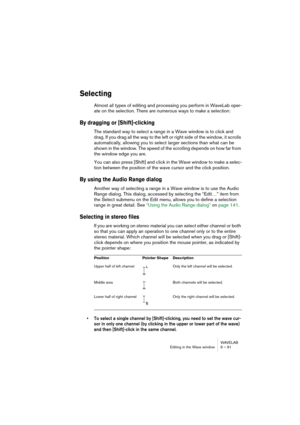 Page 91WAVELAB
Editing in the Wave window 6 – 91
Selecting
Almost all types of editing and processing you perform in WaveLab oper-
ate on the selection. There are numerous ways to make a selection:
By dragging or [Shift]-clicking
The standard way to select a range in a Wave window is to click and 
drag. If you drag all the way to the left or right side of the window, it scrolls 
automatically, allowing you to select larger sections than what can be 
shown in the window. The speed of the scrolling depends on how...