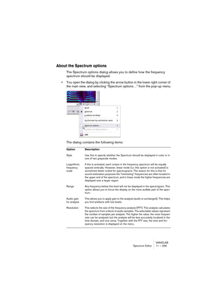 Page 259WAVELAB
Section Maître 10 – 259
L’affichage Progrès
L’affichage Progrès contient une liste avec les colonnes suivantes:
Le menu Traitement
Même lorsqu’un fichier est en cours de traitement, vous pouvez encore 
changer ses réglages. Placez le pointeur dans la fenêtre Moniteur puis cli-
quez avec le bouton droit de la souris.
Colonne Description
Nom Le nom de chaque fichier ou Montage en cours de traitement.
Progrès Indique où en est le traitement de chacun des fichiers audio.
Restant 
(estimation)Indique...