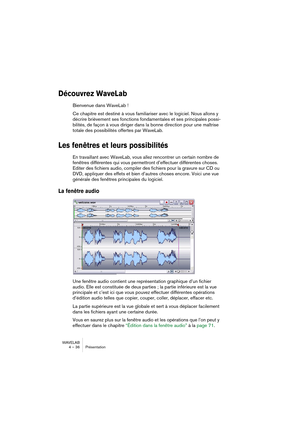 Page 36WAVELAB
4 – 36 Présentation
Découvrez WaveLab
Bienvenue dans WaveLab !
Ce chapitre est destiné à vous familiariser avec le logiciel. Nous allons y 
décrire brièvement ses fonctions fondamentales et ses principales possi-
bilités, de façon à vous diriger dans la bonne direction pour une maîtrise 
totale des possibilités offertes par WaveLab.
Les fenêtres et leurs possibilités
En travaillant avec WaveLab, vous allez rencontrer un certain nombre de 
fenêtres différentes qui vous permettront d’effectuer...