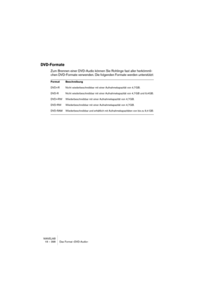 Page 398WAVELAB
19 – 398 Le Montage Audio
Gestion des pistes
La création et la gestion des pistes s’effectue dans la région se trouvant à 
gauche des pistes dans la vue des pistes (que nous appellerons désor-
mais la région de contrôle des pistes). Au milieu de cette région se trouve 
un bouton indiquant le numéro de la piste. Cliquer dessus fait apparaître 
le menu local de piste, qui permet d’accéder à la majorité des fonctions 
de piste.
Ajouter des pistes
Vous disposez de quatre types de pistes différents...