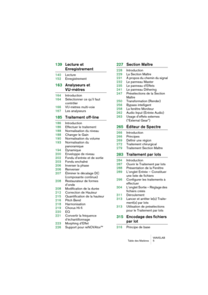 Page 5 
WAVELAB
Table des Matières 5
 
139Lecture et 
 
Enregistrement
 
140Lecture
152Enregistrement
 
163Analyseurs et 
 
VU-mètres
 
164Introduction
164Sélectionner ce qu’il faut 
contrôler
166VU-mètres multi-voie
167Les analyseurs
 
185Traitement off-line
 
186Introduction
186Effectuer le traitement
188Normalisation du niveau
188Changer le Gain
190Normalisation du volume
193Normalisation du 
panoramique
194Dynamique
200Enveloppe de niveau
202Fondu d’entrée et de sortie
203Fondu enchaîné
206Inverser la...