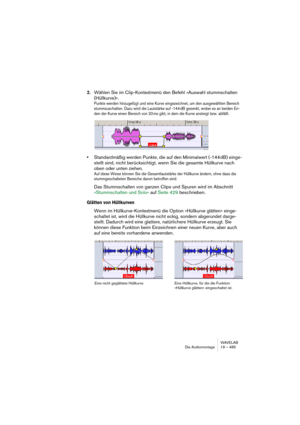 Page 485WAVELAB
Le Montage Audio 19 – 485
Vous pouvez choisir parmi les différents types de courbes suivants (dans 
notre exemple, ce sont des courbes de fondu d’entrée, mais on en déduit, 
par “effet-miroir”, les courbes de fondu de sortie correspondantes) :
Forme de fondu Description
Linéaire C’est la forme de fondu par défaut : les deux points sont 
reliés par une ligne droite.
Sinus Cette forme de fondu d’entrée monte normalement à par-
tir du premier point, et s’aplanit en arrivant au second 
point. Elle...