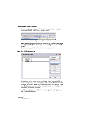 Page 50WAVELAB
5 – 50 Méthodes de base
Commutateur de documents
Un moyen rapide pour passer d’une fenêtre de document à une autre 
consiste à utiliser le commutateur de Documents.
Ici, cliquer sur l’onglet “MoonProject.mon” affichera cette fenêtre au premier plan.
• Grâce au sous-menu Commutateur de Document du menu Affichage, vous 
pouvez placer cette barre en-dessous, au-dessus à gauche ou à droite de 
l’écran.
Ce sous-menu vous permet de cacher cette barre si vous le souhaitez.
Liste des fichiers ouverts
Ce...