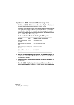 Page 590WAVELAB
20 – 590 Projets DVD-Audio
Menu Nom/index/durée 
Ce menu déroulant n’est disponible que lorsque vous avez sélectionné Ti-
tre de l’album ou Nom des Groupes dans le menu Éléments. Il permet de 
déterminer si les groupes et les pistes doivent être affichés seulement par 
leur nom, ou en utilisant différentes combinaisons de nom, index (numéro 
de groupe/titre) et durée (durée de groupe/titre).
Format
Ce bouton n’est disponible que lorsque vous avez sélectionné d’afficher 
les noms de groupes et de...