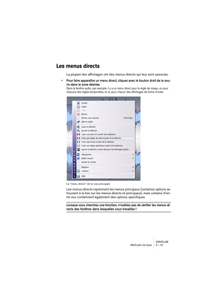 Page 61WAVELAB
Méthodes de base 5 – 61
Les menus directs
La plupart des affichages ont des menus directs qui leur sont associés.
• Pour faire apparaître un menu direct, cliquez avec le bouton droit de la sou-
ris dans la zone désirée.
Dans la fenêtre audio, par exemple, il y a un menu direct pour la règle de niveau, un pour 
chacune des règles temporelles, et un pour chacun des affichages de forme d’onde.
Le “menu direct” de la vue principale
Les menus directs reprennent les menus principaux (certaines options...