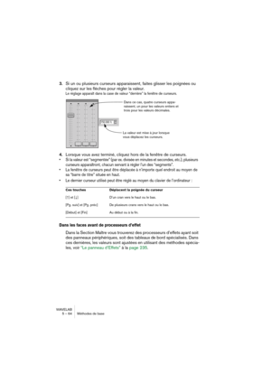 Page 64WAVELAB
5 – 64 Méthodes de base
3.Si un ou plusieurs curseurs apparaissent, faites glisser les poignées ou 
cliquez sur les flèches pour régler la valeur.
Le réglage apparaît dans la case de valeur “derrière” la fenêtre de curseurs.
4.Lorsque vous avez terminé, cliquez hors de la fenêtre de curseurs.
• Si la valeur est “segmentée” (par ex. divisée en minutes et secondes, etc.), plusieurs 
curseurs apparaîtront, chacun servant à régler l’un des “segments”.
• La fenêtre de curseurs peut être déplacée à...