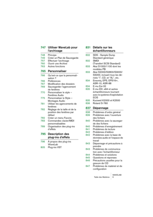 Page 9 
WAVELAB
Table des Matières 9
 
747Utiliser WaveLab pour 
 
l’archivage
 
748Principe
749Créer un Plan de Sauvegarde
757Effectuer l’archivage
760Ouvrir une Archive
763Autres fonctions
 
765Personnaliser
 
766Qu’est-ce que la personnali-
sation ?
766Préférences
767Modification des dossiers
769Sauvegarder l’agencement 
de fenêtres
770Personnaliser le style – 
Fenêtres Audio
775Personnaliser le Style – 
Montages Audio
781Utiliser les agencements de 
fenêtres
782Réglage de la taille et de la 
position des...