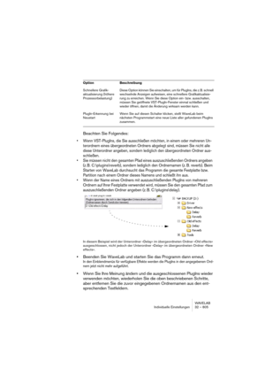 Page 805WAVELAB
Description des plug-ins d’effets 33 – 805
Plug-ins VST
À propos des plug-ins VST
Ces plug-ins utilisent le format de plug-in VST largement adapté de 
Steinberg. En règle générale, les plug-ins VST peuvent être utilisés par 
toute application compatible VST, bien que l’usage de certains plug-ins 
puisse encore être limité à certains programmes. Notez :
• Les Plug-ins VST peuvent être utilisés dans la Section Maître (mais pas 
pour les configurations multicanal) ou comme effet de Piste ou de Clip...