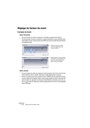 Page 82WAVELAB
6 – 82 Édition dans la fenêtre audio
Réglage du facteur de zoom
À propos du zoom
Zoom horizontal
• Si vous zoomez en arrière au maximum, la fenêtre accueille tout le fichier.
• Si vous zoomez en avant au maximum, chaque échantillon se verra attribuer quel-
ques pixels à l’écran. Vous pouvez ainsi éditer les formes d’onde très précisément, 
à l’échantillon près.
Zoom vertical
• Si vous zoomez en arrière au maximum, toute la hauteur de la forme d’onde tient 
dans la fenêtre. Pour le vérifier,...