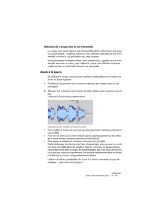 Page 85WAVELAB
Édition dans la fenêtre audio 6 – 85
Utilisation de la Loupe dans la vue d’ensemble
La Loupe peut servir dans la vue d’ensemble, de la même façon que pour 
la vue principale. Toutefois, même si vous utilisez l’outil dans la vue d’en-
semble, ce sera la vue principale qui sera zoomée.
Vous pouvez par exemple utiliser l’outil comme ceci : gardez la vue d’en-
semble sans aucun zoom, puis utilisez la Loupe pour afficher n’importe 
quelle section en particulier dans la vue principale.
Zoom à la...