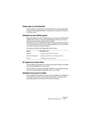 Page 89WAVELAB
Édition dans la fenêtre audio 6 – 89
Cliquer dans la vue d’ensemble
Si vous cliquez une fois dans la vue d’ensemble, la vue principale défile 
de façon à faire apparaître dans le côté gauche de la fenêtre l’endroit où 
vous avez cliqué.
Utilisation du menu Défiler jusqu’à
Pour faire apparaître le menu “Défiler jusqu’a” vous pouvez soit sélectionner 
“Défiler jusqu’a” dans le menu principal Affichage, soit faire un clic droit 
dans la vue d’ensemble ou dans la vue principale.
La différence entre...