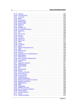 Page 12x INHALTSVERZEICHNIS
15.19 Clipping . . . . . . . . . . . . . . . . . . . . . . . . . . . . . . . . . . . . . . . . . 443
15.20 Komprimierung . . . . . . . . . . . . . . . . . . . . . . . . . . . . . . . . . . . . . 443
15.21 Crossfade . . . . . . . . . . . . . . . . . . . . . . . . . . . . . . . . . . . . . . . . 443
15.22 DAW . . . . . . . . . . . . . . . . . . . . . . . . . . . . . . . . . . . . . . . . . . . 443
15.23 DC-Versatz . . . . . . . . . . . . . . . . . . . . . . . . . . . . . . . . . . . ....