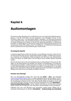 Page 171Kapitel 6
Audiomontagen
Der Audiomontage-Arbeitsbereich von WaveLab ist eine nicht-destruktive Bearbeitungsum-
gebung, in der Sie Audio-Clips anordnen, bearbeiten und wiedergeben können. Zu den
Funktionen zählen spur- und clip-basierte Effekte, Lautstärke- und Panorama-Automation
sowie umfassende Fade- und Crossfade-Funktionen. Der Audiomontage-Arbeitsbereich ist
ein ideales Werkzeug zum Erstellen von Musik-CDs, Mastering, Bearbeiten von Multimedia,
Produktion von Radio-Spots usw. Sie können umfangreiche...