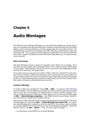 Page 155Chapter 6
Audio Montages
The WaveLab Audio Montage Workspace is a non-destructive editing environment that al-
lows you to arrange, edit, play back audio Clips. Features include both track and Clip-based
effects, volume and pan automation, and wide-ranging fade and cross fade functions. The
Audio Montage is a great tool for creating music CDs, mastering, multimedia work, radio spot
production, etc. You can create intricate multi-track compositions and author professional
audio CDs. Support for...