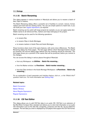 Page 25911.1 Dialogs 245
11.1.15 Batch Renaming
This dialog appears in various locations in WaveLab and allows you to rename a batch of
ﬁles, Clips or markers.
The Batch Renaming dialog offers a powerful set of facilities to convert, remove, format,
replace and insert text into existing names. You can use simple options to match text, or you
can build your own
regular expressions , as required.
Batch renaming can be useful with large projects for example, so you can apply easily iden-
tiﬁable names to all...