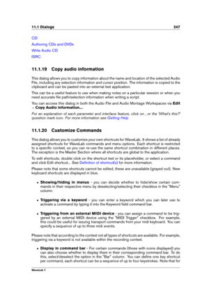Page 26111.1 Dialogs 247
CD
Authoring CDs and DVDs
Write Audio CD
ISRC
11.1.19 Copy audio information
This dialog allows you to copy information about the name and location of the selected Audio
File, including any selection information and cursor position. The information is copied to the
clipboard and can be pasted into an external text application.
This can be a useful feature to use when making notes on a particular session or when you
need accurate ﬁle path/selection information when writing a script.
You...