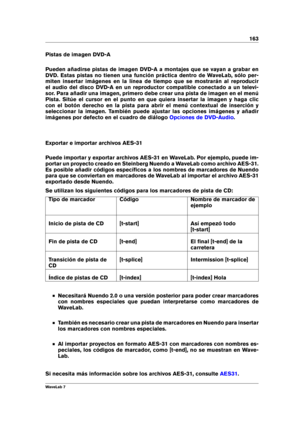 Page 177163
Pistas de imagen DVD-A
Pueden añadirse pistas de imagen DVD-A a montajes que se vayan a grabar en
DVD. Estas pistas no tienen una función práctica dentro de WaveLab, sólo per-
miten insertar imágenes en la línea de tiempo que se mostrarán al reproducir
el audio del disco DVD-A en un reproductor compatible conectado a un televi-
sor. Para añadir una imagen, primero debe crear una pista de imagen en el menú
Pista. Sitúe el cursor en el punto en que quiera insertar la imagen y haga clic
con el botón...
