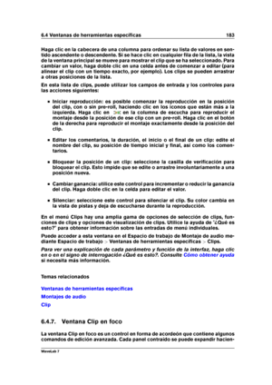 Page 1976.4 Ventanas de herramientas especíﬁcas 183
Haga clic en la cabecera de una columna para ordenar su lista de valores en sen-
tido ascendente o descendente. Si se hace clic en cualquier ﬁla de la lista, la vista
de la ventana principal se mueve para mostrar el clip que se ha seleccionado. Para
cambiar un valor, haga doble clic en una celda antes de comenzar a editar (para
alinear el clip con un tiempo exacto, por ejemplo). Los clips se pueden arrastrar
a otras posiciones de la lista.
En esta lista de...