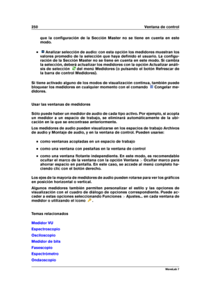 Page 264250 Ventana de control
que la conﬁguración de la Sección Master no se tiene en cuenta en este
modo.
Analizar selección de audio: con esta opción los medidores muestran los
valores promedio de la selección que haya deﬁnido el usuario. La conﬁgu-
ración de la Sección Master no se tiene en cuenta en este modo. Si cambia
la selección, deberá actualizar los medidores con la opción Actualizar análi-
sis de selección
del menú Medidores (o pulsando el botón Refrescar de
la barra de control Medidores).
Si tiene...