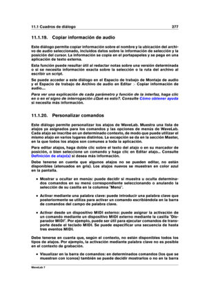 Page 29111.1 Cuadros de diálogo 277
11.1.19. Copiar información de audio
Este diálogo permite copiar información sobre el nombre y la ubicación del archi-
vo de audio seleccionado, incluidos datos sobre la información de selección y la
posición del cursor. La información se copia en el portapapeles y se pega en una
aplicación de texto externa.
Esta función puede resultar útil al redactar notas sobre una versión determinada
o si se necesita información exacta sobre la selección o la ruta del archivo al
escribir...
