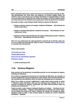 Page 444430 Utilidades
Salvo pequeñas diferencias, estas funciones son prácticamente iguales. El diál-
ogo Renombrado por lotes tiene tres páginas. La primera página deﬁne los
archivos, clips o marcadores que se deben renombrar; la segunda deﬁne el modo
en que se ejecutará la operación de cambio de nombre. La tercera página ofrece
una vista previa de los nombres que se generarán antes de ejecutar los cambios.
Se puede acceder a este diálogo desde distintos lugares de WaveLab:
Desde cualquier espacio de trabajo:...