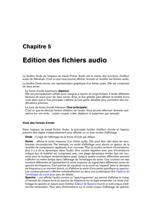 Page 103Chapitre 5
Edition des ﬁchiers audio
La fenêtre Onde de l'espace de travail Fichier Audio est le centre des fonctions d'édition
audio de WaveLab. C'est ici que vous pouvez afﬁcher, écouter et modiﬁer les ﬁchiers audio.
La fenêtre Onde donne une représentation graphique d'un ﬁchier audio. Elle est composée
de deux zones  :
{ La forme d'onde supérieure ( Aperçu)
Elle est principalement utilisée pour naviguer à travers de longs ﬁchiers. Il existe différents
facteurs de zoom pour les deux...