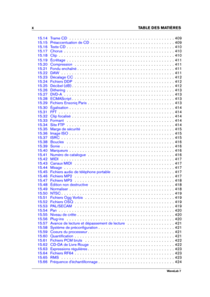 Page 12x TABLE DES MATI
ERES
15.14 Trame CD . . . . . . . . . . . . . . . . . . . . . . . . . . . . . . . . . . . . . . . . 409
15.15 Préaccentuation de CD . . . . . . . . . . . . . . . . . . . . . . . . . . . . . . . . 409
15.16 Texte CD . . . . . . . . . . . . . . . . . . . . . . . . . . . . . . . . . . . . . . . . . 410
15.17 Chorus . . . . . . . . . . . . . . . . . . . . . . . . . . . . . . . . . . . . . . . . . . 410
15.18 Clip . . . . . . . . . . . . . . . . . . . . . . . . . . . . . . . . . . . . . . ....