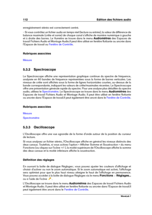 Page 126112 Edition des ﬁchiers audio
enregistrement stéréo est correctement centré.
- Si vous contrôlez un ﬁchier audio en temps réel (lecture ou entrée), la valeur de différence de
balance maximale (crête et sonie) de chaque canal s'afﬁche de manière numérique à gauche
et à droite des barres. Le Vumètre se trouve dans le menu Audiomètresdes Espaces de
travail Fichiers Audio et Montage Audio.Il peut être utilisé en fenêtre ﬂottante ou ancrée dans
l'Espace de travail ou
Fenêtre de Contrôle .
Rubriques...