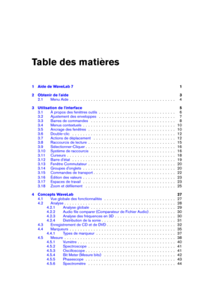 Page 3Table des mati 
eres
1 Aide de WaveLab 7 1
2 Obtenir de l'aide 3
2.1 Menu Aide . . . . . . . . . . . . . . . . . . . . . . . . . . . . . . . . . . . . . . . . 4
3 Utilisation de l'interface 5
3.1 À propos des fenêtres outils . . . . . . . . . . . . . . . . . . . . . . . . . . . . . 6
3.2 Ajustement des enveloppes . . . . . . . . . . . . . . . . . . . . . . . . . . . . . 7
3.3 Barres de commandes . . . . . . . . . . . . . . . . . . . . . . . . . . . . . . . . 8
3.4 Menus contextuels . . . . . . ....