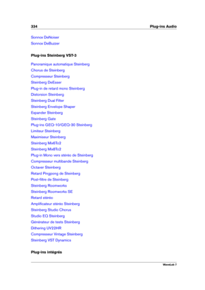 Page 348334 Plug-ins Audio
Sonnox DeNoiser
Sonnox DeBuzzer
Plug-ins Steinberg VST-3
Panoramique automatique Steinberg
Chorus de Steinberg
Compresseur Steinberg
Steinberg DeEsser
Plug-in de retard mono Steinberg
Distorsion Steinberg
Steinberg Dual Filter
Steinberg Envelope Shaper
Expander Steinberg
Steinberg Gate
Plug-ins GEQ-10/GEQ-30 Steinberg
Limiteur Steinberg
Maximiseur Steinberg
Steinberg Mix6To2
Steinberg Mix8To2
Plug-in Mono vers stéréo de Steinberg
Compresseur multibande Steinberg
Octaver Steinberg...