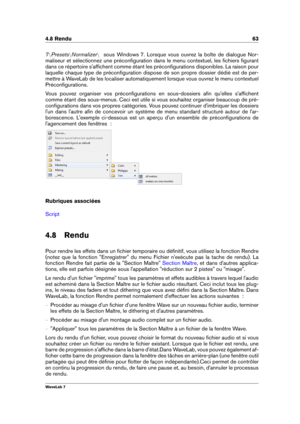 Page 774.8 Rendu 63
7nPresets nNormalizer nsous Windows 7. Lorsque vous ouvrez la boîte de dialogue Nor-
maliseur et sélectionnez une préconﬁguration dans le menu contextuel, les ﬁchiers ﬁgurant
dans ce répertoire s'afﬁchent comme étant les préconﬁgurations disponibles. La raison pour
laquelle chaque type de préconﬁguration dispose de son propre dossier dédié est de per-
mettre à WaveLab de les localiser automatiquement lorsque vous ouvrez le menu contextuel
Préconﬁgurations.
Vous pouvez organiser vos...