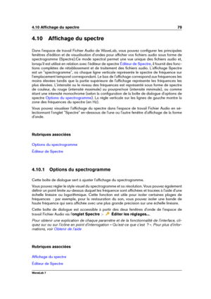 Page 934.10 Afﬁchage du spectre 79
4.10 Afﬁchage du spectre
Dans l'espace de travail Fichier Audio de WaveLab, vous pouvez conﬁgurer les principales
fenêtres d'édition et de visualisation d'ondes pour afﬁcher vos ﬁchiers audio sous forme de
spectrogramme (Spectre).Ce mode spectral permet une vue unique des ﬁchiers audio et,
lorsqu'il est utilisé en relation avec l'éditeur de spectre
Éditeur de Spectre , il fournit des fonc-
tions complètes de rétablissement et de traitement des ﬁchiers...