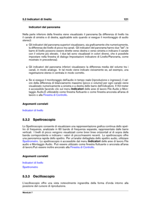 Page 1355.3 Indicatori di livello 121
Indicatori del panorama
Nella parte inferiore della ﬁnestra viene visualizzato il panorama (la differenza di livello tra
il canale di sinistra e di destra, applicabile solo quando si esegue il monitoraggio di audio
stereo):
ˆ Gli indicatori del panorama superiori visualizzano, sia graﬁcamente che numericamente,
la differenza dei livello di picco tra canali. Gli indicatori del panorama hanno due "lati"; le
barre di livello possono essere dirette verso destra o verso...