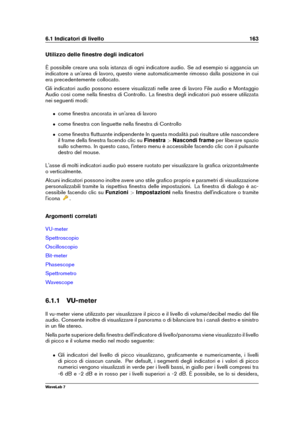 Page 1776.1 Indicatori di livello 163
Utilizzo delle ﬁnestre degli indicatori
È possibile creare una sola istanza di ogni indicatore audio. Se ad esempio si aggancia un
indicatore a un'area di lavoro, questo viene automaticamente rimosso dalla posizione in cui
era precedentemente collocato.
Gli indicatori audio possono essere visualizzati nelle aree di lavoro File audio e Montaggio
Audio così come nella ﬁnestra di Controllo. La ﬁnestra degli indicatori può essere utilizzata
nei seguenti modi:
ˆ come ﬁnestra...