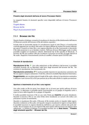 Page 216202 Processori Batch
Finestre degli strumenti dell'area di lavoro Processori Batch:
Le seguenti ﬁnestre di strumenti speciﬁci sono disponibili nell'area di lavoro Processori
Batch:
Progetto Master
Browser dei ﬁle
Plug-in di processamento batch
7.1.1 Browser dei ﬁle
Questa ﬁnestra di dialogo consente di visualizzare le directory di ﬁle direttamente dall'interno
di WaveLab anziché dal browser di ﬁle del sistema operativo.
Include tutte le funzionalità tipiche di consultazione (quali le viste...