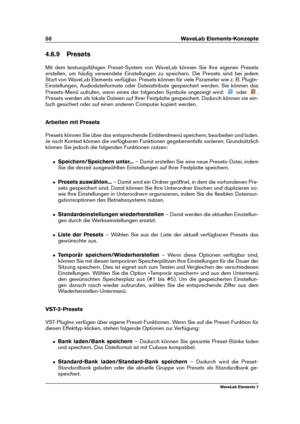 Page 5850 WaveLab Elements-Konzepte
4.6.9 Presets
Mit dem leistungsfähigen Preset-System von WaveLab können Sie Ihre eigenen Presets
erstellen, um häuﬁg verwendete Einstellungen zu speichern. Die Presets sind bei jedem
Start von WaveLab Elements verfügbar. Presets können für viele Parameter wie z. B. PlugIn-
Einstellungen, Audiodateiformate oder Dateiattribute gespeichert werden. Sie können das
Presets-Menü aufrufen, wenn eines der folgenden Symbole angezeigt wird:
oder .
Presets werden als lokale Dateien auf...