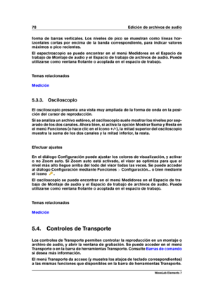 Page 8678 Edición de archivos de audio
forma de barras verticales. Los niveles de pico se muestran como líneas hor-
izontales cortas por encima de la banda correspondiente, para indicar valores
máximos o pico recientes.
El espectroscopio se puede encontrar en el menú Medidores en el Espacio de
trabajo de Montaje de audio y el Espacio de trabajo de archivos de audio. Puede
utilizarse como ventana ﬂotante o acoplada en el espacio de trabajo.
Temas relacionados
Medición
5.3.3. Osciloscopio
El osciloscopio presenta...