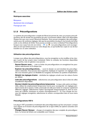 Page 7062 Edition des ﬁchiers audio
Rubriques associées
Marqueurs
Ajustement des enveloppes
Passage par zéro
5.1.9 Préconﬁgurations
Le système de préconﬁguration complet de WaveLab permet de créer vos propres préconﬁ-
gurations aﬁn de stocker les paramètres les plus couramment utilisés. Elles sont disponibles
chaque fois que vous ouvrez WaveLab Elements. Vous pouvez enregistrer des préconﬁgu-
rations pour de nombreux réglages, tels que les paramètres du plug-in, les formats de ﬁchier
audio ou les attributs de...
