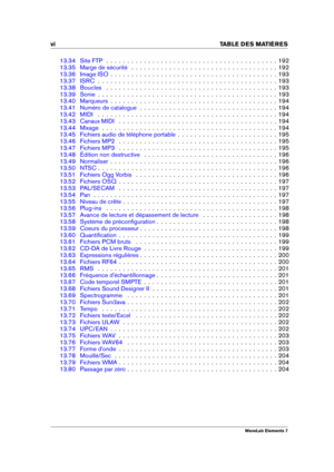 Page 8vi TABLE DES MATI
ERES
13.34 Site FTP . . . . . . . . . . . . . . . . . . . . . . . . . . . . . . . . . . . . . . . . . 192
13.35 Marge de sécurité . . . . . . . . . . . . . . . . . . . . . . . . . . . . . . . . . . . 192
13.36 Image ISO . . . . . . . . . . . . . . . . . . . . . . . . . . . . . . . . . . . . . . . . 193
13.37 ISRC . . . . . . . . . . . . . . . . . . . . . . . . . . . . . . . . . . . . . . . . . . . 193
13.38 Boucles . . . . . . . . . . . . . . . . . . . . . . . . . . . . . . . . . . . ....