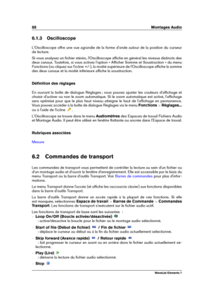 Page 9688 Montages Audio
6.1.3 Oscilloscope
L'Oscilloscope offre une vue agrandie de la forme d'onde autour de la position du curseur
de lecture.
Si vous analysez un ﬁchier stéréo, l'Oscilloscope afﬁche en général les niveaux distincts des
deux canaux. Toutefois, si vous activez l'option « Afﬁcher Somme et Soustraction » du menu
Fonctions (ou cliquez sur l'icône +/-), la moitié supérieure de l'Oscilloscope afﬁche la somme
des deux canaux et la moitié inférieure afﬁche la soustraction....