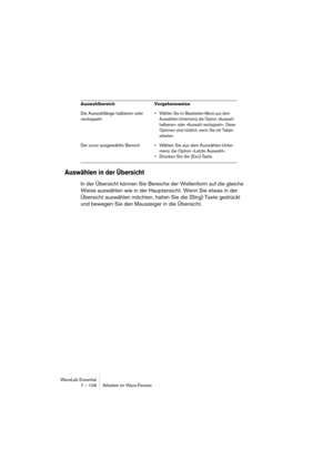 Page 108WaveLab Essential
7 – 108 Arbeiten im Wave-Fenster
Auswählen in der Übersicht
In der Übersicht können Sie Bereiche der Wellenform auf die gleiche 
Weise auswählen wie in der Hauptansicht. Wenn Sie etwas in der 
Übersicht auswählen möchten, halten Sie die [Strg]-Taste gedrückt 
und bewegen Sie den Mauszeiger in die Übersicht.
Die Auswahllänge halbieren oder 
verdoppeln• Wählen Sie im Bearbeiten-Menü aus dem 
Auswählen-Untermenü die Option »Auswahl 
halbieren« oder »Auswahl verdoppeln«. Diese 
Optionen...