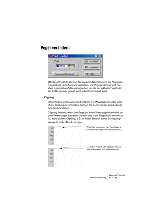 Page 181WaveLab Essential
Ofﬂine-Bearbeitung 10 – 181
Pegel verändern
Mit dieser Funktion können Sie wie beim Normalisieren die Amplitude 
(Lautstärke) einer Auswahl verändern. Die Pegeländerung wird hier 
aber in absoluten Zahlen angegeben, um die der aktuelle Pegel (der 
als 0 dB zugrunde gelegt wird) erhöht/vermindert wird. 
Clipping
Obwohl die meisten anderen Funktionen in WaveLab Essential versu-
chen, Clipping zu vermeiden, können Sie es mit dieser Bearbeitungs-
funktion hinzufügen.
Clipping entsteht, wenn...