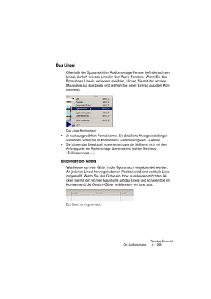 Page 265WaveLab Essential
Die Audiomontage 14 – 265
Das Lineal
Oberhalb der Spuransicht im Audiomontage-Fenster befindet sich ein 
Lineal, ähnlich wie das Lineal in den Wave-Fenstern. Wenn Sie das 
Format des Lineals verändern möchten, klicken Sie mit der rechten 
Maustaste auf das Lineal und wählen Sie einen Eintrag aus dem Kon-
textmenü.
Das Lineal-Kontextmenü
• Je nach ausgewähltem Format können Sie detaillierte Anzeigeeinstellungen 
vornehmen, indem Sie im Kontextmenü »Zeitlinealvorgaben…« wählen. 
• Sie...