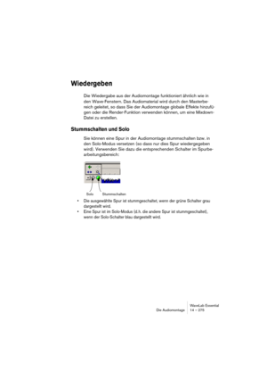 Page 275WaveLab Essential
Die Audiomontage 14 – 275
Wiedergeben
Die Wiedergabe aus der Audiomontage funktioniert ähnlich wie in 
den Wave-Fenstern. Das Audiomaterial wird durch den Masterbe-
reich geleitet, so dass Sie der Audiomontage globale Effekte hinzufü-
gen oder die Render-Funktion verwenden können, um eine Mixdown-
Datei zu erstellen.
Stummschalten und Solo
Sie können eine Spur in der Audiomontage stummschalten bzw. in 
den Solo-Modus versetzen (so dass nur dies Spur wiedergegeben 
wird). Verwenden Sie...