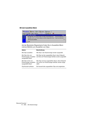 Page 282WaveLab Essential
14 – 282 Die Audiomontage
Mit dem Auswählen-Menü
Auf der Bearbeiten-Registerkarte finden Sie im Auswählen-Menü 
mehrere Befehle zum Auswählen von Clips:
Option Beschreibung
Alle Clips auswählen Alle Clips in der Audiomontage werden ausgewählt.
Alle Clips links vom 
Positionszeiger auswählen 
(ausgewählte Spur)Alle Clips (auf der ausgewählten Spur), deren Endpunkt 
sich links vom Positionszeiger befindet, werden ausgewählt.
Alle Clips rechts vom 
Positionszeiger auswählen 
(ausgewählte...