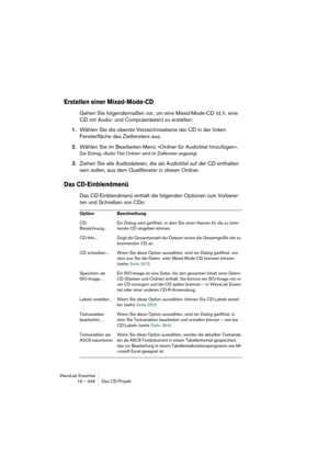 Page 346WaveLab Essential
16 – 346 Das CD-Projekt
Erstellen einer Mixed-Mode-CD
Gehen Sie folgendermaßen vor, um eine Mixed-Mode-CD (d. h. eine 
CD mit Audio- und Computerdaten) zu erstellen:
1.Wählen Sie die oberste Verzeichnisebene der CD in der linken 
Fensterfläche des Zielfensters aus.
2.Wählen Sie im Bearbeiten-Menü »Ordner für Audiotitel hinzufügen«.
Der Eintrag »Audio-Titel Ordner« wird im Zielfenster angezeigt.
3.Ziehen Sie alle Audiodateien, die als Audiotitel auf der CD enthalten 
sein sollen, aus dem...