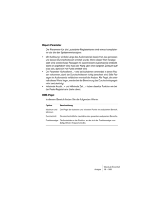 Page 385WaveLab Essential
Analyse 18 – 385
Report-Parameter
Die Parameter für die Lautstärke-Registerkarte sind etwas komplizier-
ter als die der Spitzenwertanalyse:
• Mit »Auflösung« wird die Länge des Audiomaterials bezeichnet, das gemessen 
und dessen Durchschnittswert ermittelt wurde. Wenn dieser Wert herabge-
setzt wird, werden kurze Passagen mit lautem/leisem Audiomaterial entdeckt. 
Wenn er angehoben wird, muss der Klang über einen längeren Zeitraum laut/
leise sein, damit ein Hot-Punkt ermittelt wird.
•...